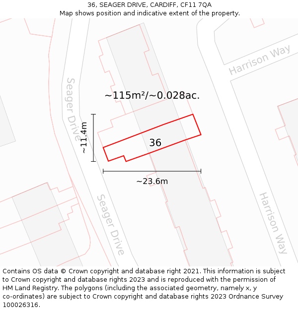 36, SEAGER DRIVE, CARDIFF, CF11 7QA: Plot and title map