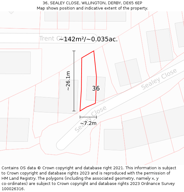 36, SEALEY CLOSE, WILLINGTON, DERBY, DE65 6EP: Plot and title map