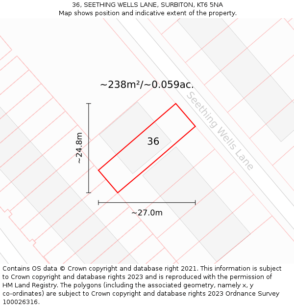 36, SEETHING WELLS LANE, SURBITON, KT6 5NA: Plot and title map