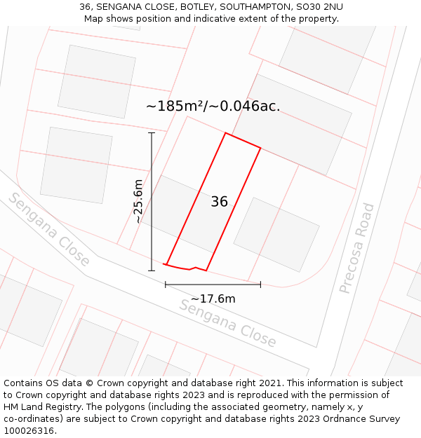 36, SENGANA CLOSE, BOTLEY, SOUTHAMPTON, SO30 2NU: Plot and title map
