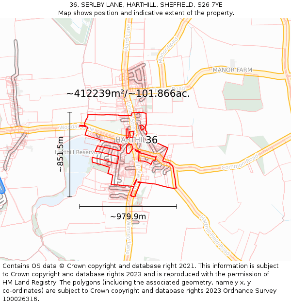 36, SERLBY LANE, HARTHILL, SHEFFIELD, S26 7YE: Plot and title map