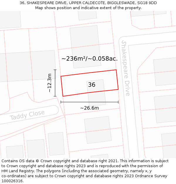 36, SHAKESPEARE DRIVE, UPPER CALDECOTE, BIGGLESWADE, SG18 9DD: Plot and title map