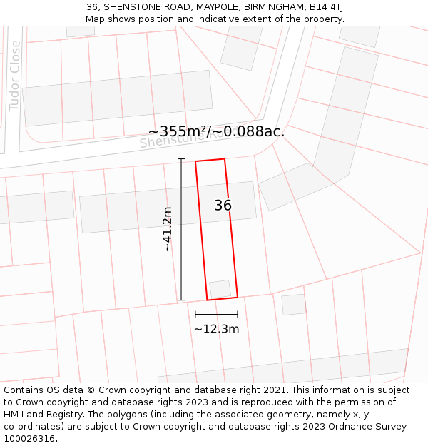 36, SHENSTONE ROAD, MAYPOLE, BIRMINGHAM, B14 4TJ: Plot and title map