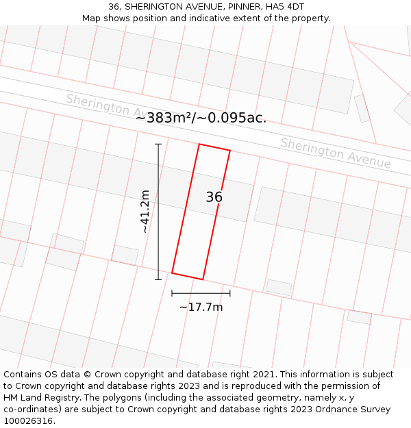 36, SHERINGTON AVENUE, PINNER, HA5 4DT: Plot and title map