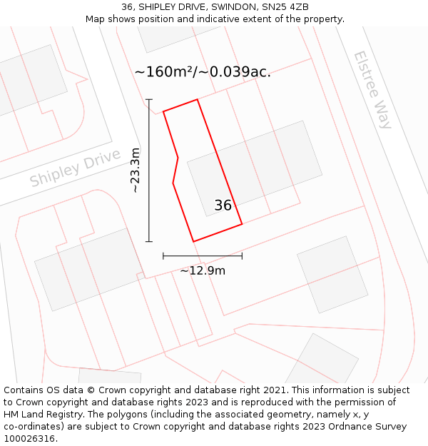 36, SHIPLEY DRIVE, SWINDON, SN25 4ZB: Plot and title map