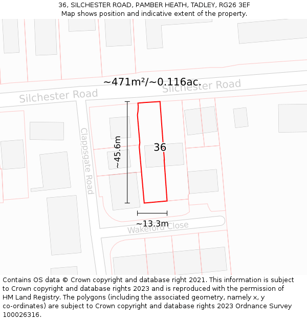 36, SILCHESTER ROAD, PAMBER HEATH, TADLEY, RG26 3EF: Plot and title map