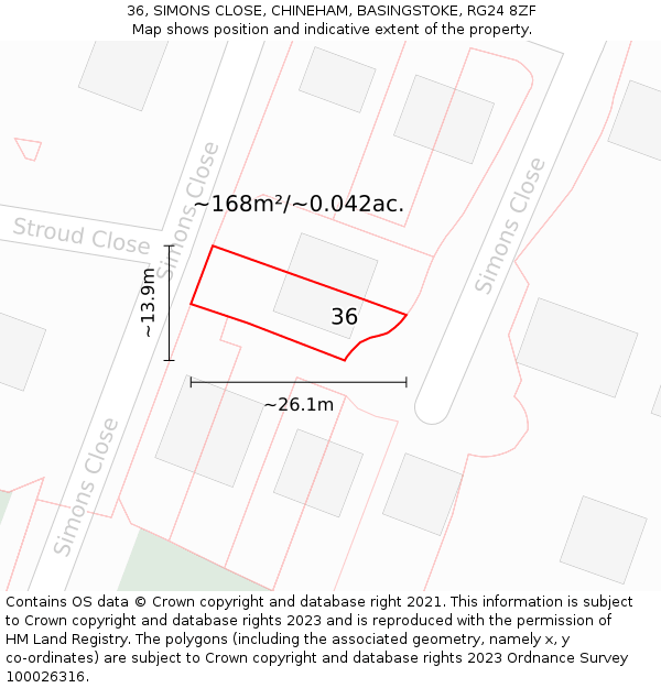 36, SIMONS CLOSE, CHINEHAM, BASINGSTOKE, RG24 8ZF: Plot and title map