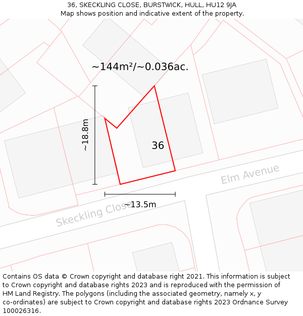 36, SKECKLING CLOSE, BURSTWICK, HULL, HU12 9JA: Plot and title map
