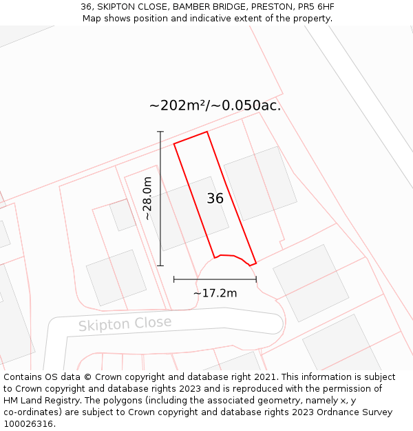 36, SKIPTON CLOSE, BAMBER BRIDGE, PRESTON, PR5 6HF: Plot and title map