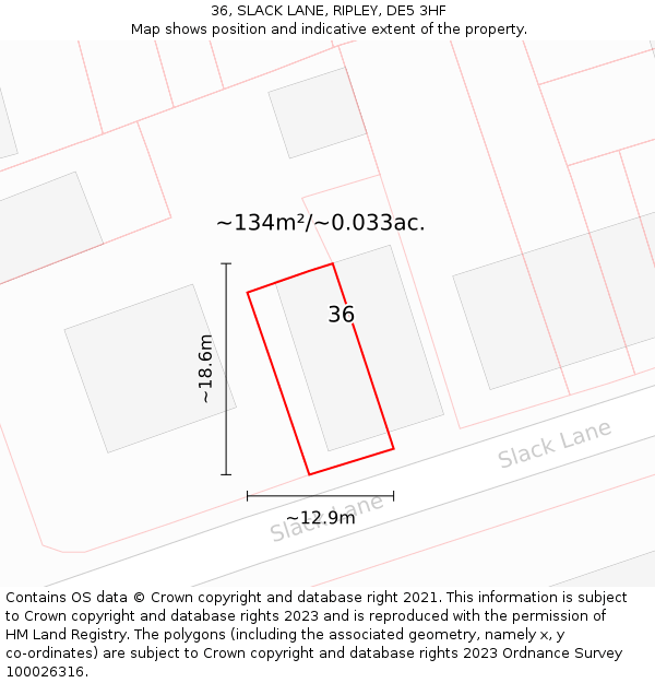 36, SLACK LANE, RIPLEY, DE5 3HF: Plot and title map