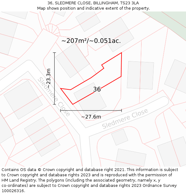 36, SLEDMERE CLOSE, BILLINGHAM, TS23 3LA: Plot and title map