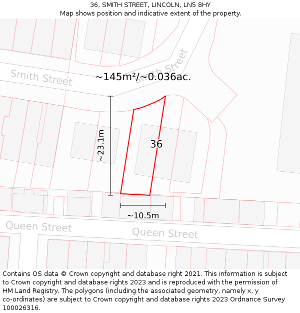 36, SMITH STREET, LINCOLN, LN5 8HY: Plot and title map