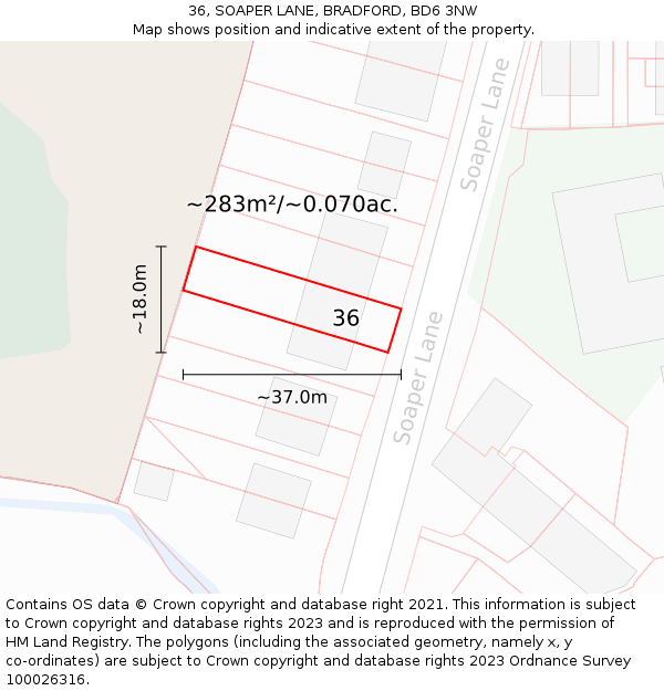 36, SOAPER LANE, BRADFORD, BD6 3NW: Plot and title map