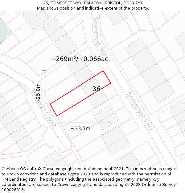 36, SOMERSET WAY, PAULTON, BRISTOL, BS39 7YX: Plot and title map