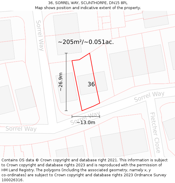 36, SORREL WAY, SCUNTHORPE, DN15 8PL: Plot and title map