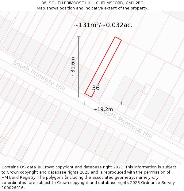 36, SOUTH PRIMROSE HILL, CHELMSFORD, CM1 2RG: Plot and title map