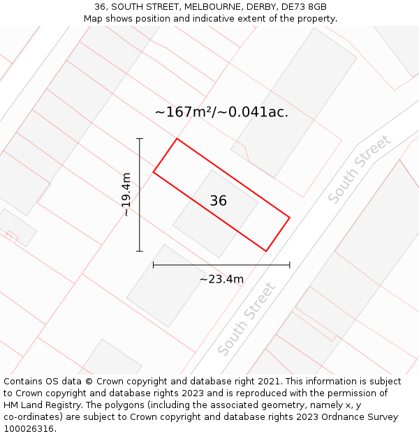 36, SOUTH STREET, MELBOURNE, DERBY, DE73 8GB: Plot and title map