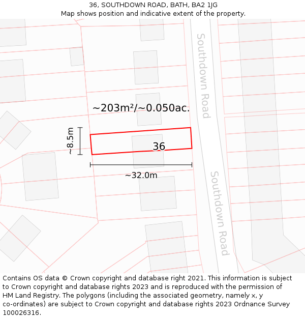 36, SOUTHDOWN ROAD, BATH, BA2 1JG: Plot and title map