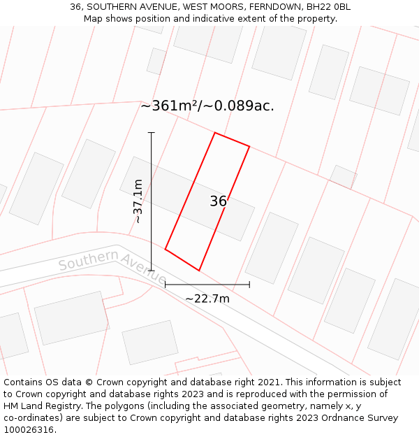 36, SOUTHERN AVENUE, WEST MOORS, FERNDOWN, BH22 0BL: Plot and title map