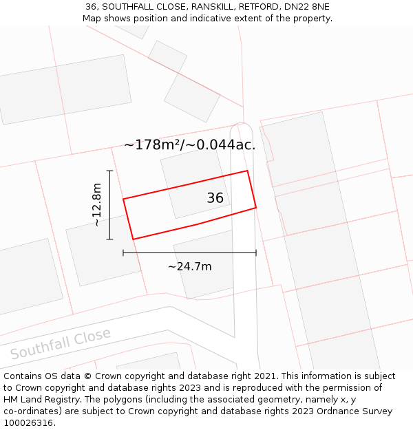 36, SOUTHFALL CLOSE, RANSKILL, RETFORD, DN22 8NE: Plot and title map