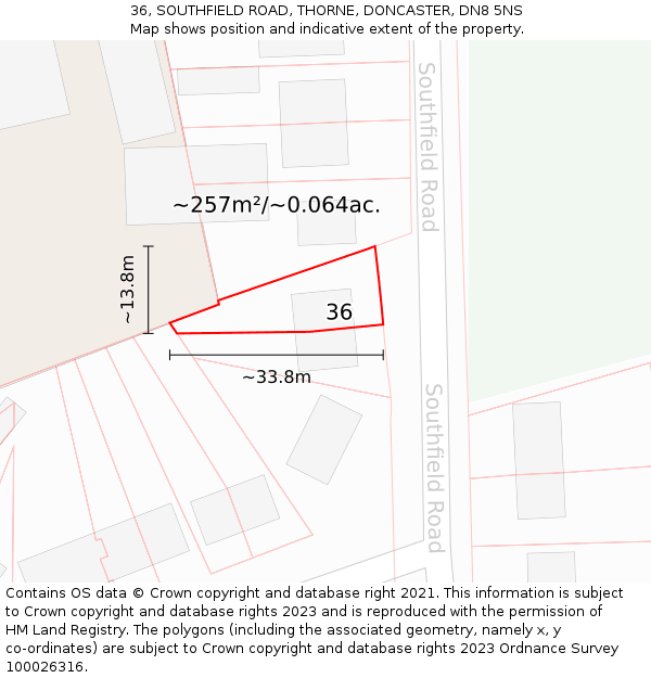 36, SOUTHFIELD ROAD, THORNE, DONCASTER, DN8 5NS: Plot and title map