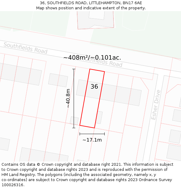 36, SOUTHFIELDS ROAD, LITTLEHAMPTON, BN17 6AE: Plot and title map