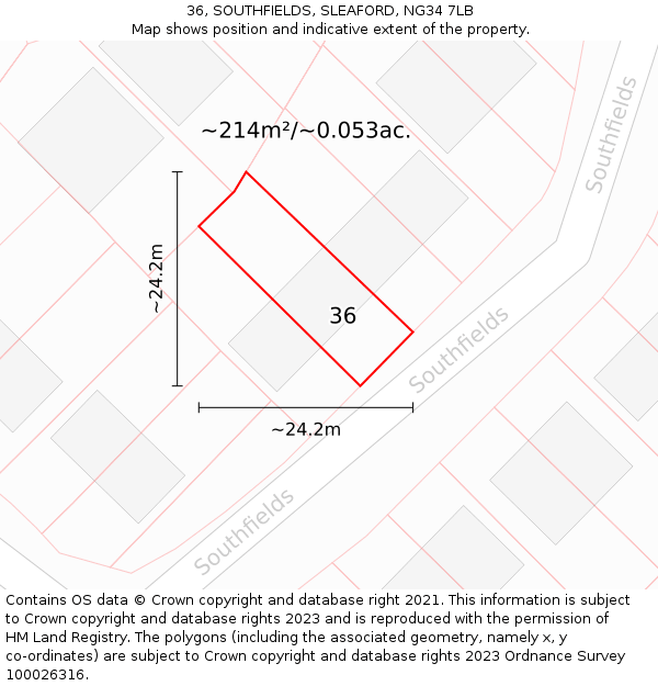 36, SOUTHFIELDS, SLEAFORD, NG34 7LB: Plot and title map
