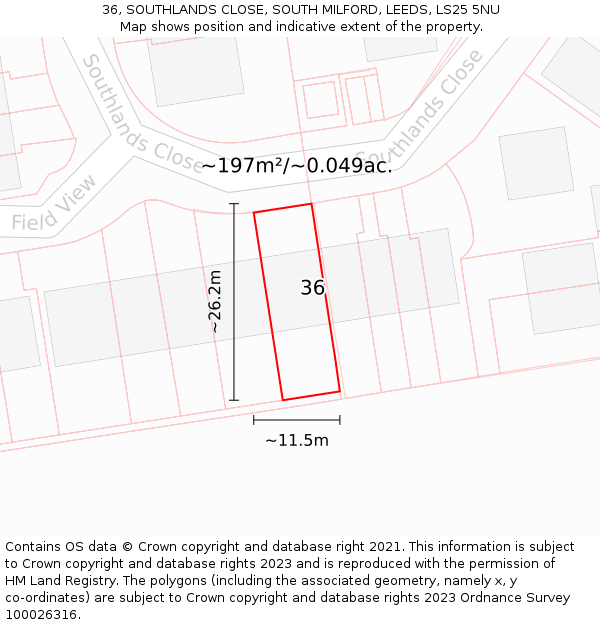 36, SOUTHLANDS CLOSE, SOUTH MILFORD, LEEDS, LS25 5NU: Plot and title map