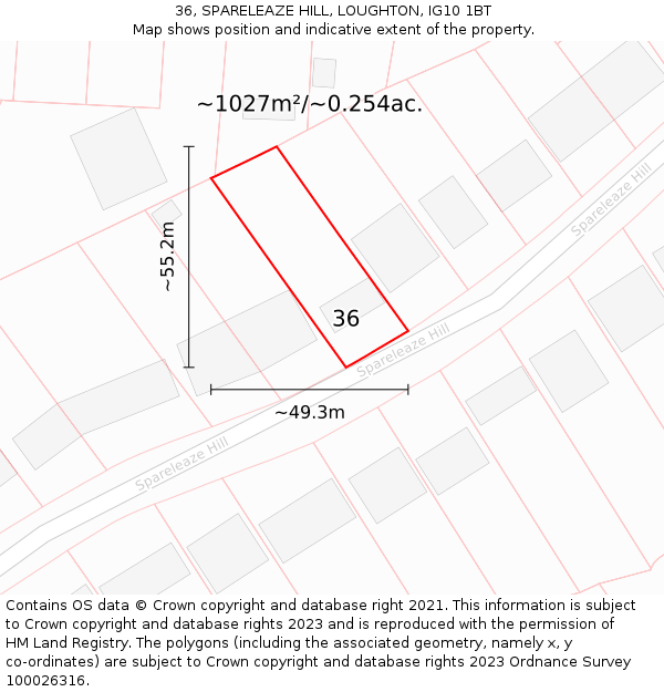 36, SPARELEAZE HILL, LOUGHTON, IG10 1BT: Plot and title map