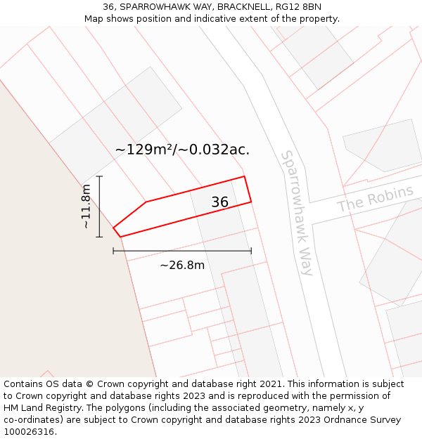 36, SPARROWHAWK WAY, BRACKNELL, RG12 8BN: Plot and title map