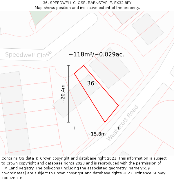 36, SPEEDWELL CLOSE, BARNSTAPLE, EX32 8PY: Plot and title map