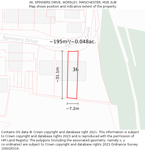 36, SPINNERS DRIVE, WORSLEY, MANCHESTER, M28 3UB: Plot and title map