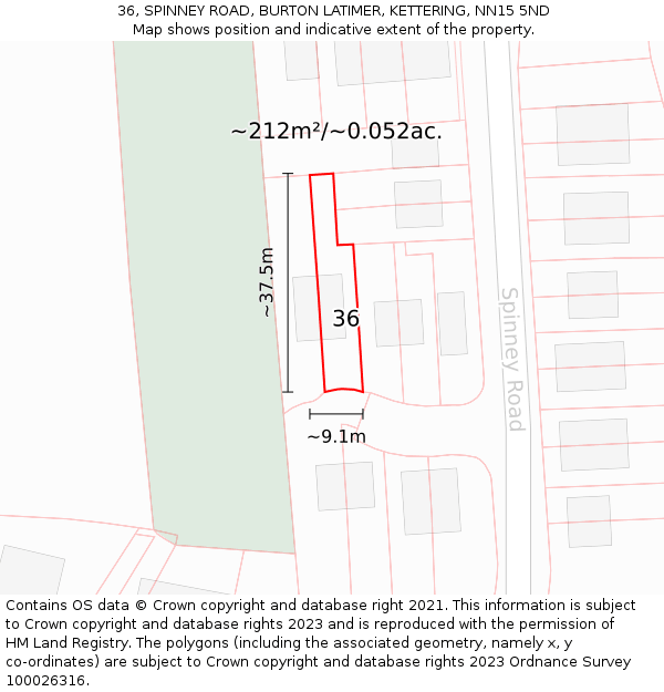 36, SPINNEY ROAD, BURTON LATIMER, KETTERING, NN15 5ND: Plot and title map
