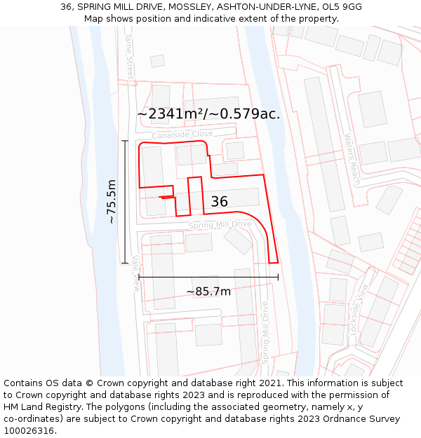 36, SPRING MILL DRIVE, MOSSLEY, ASHTON-UNDER-LYNE, OL5 9GG: Plot and title map