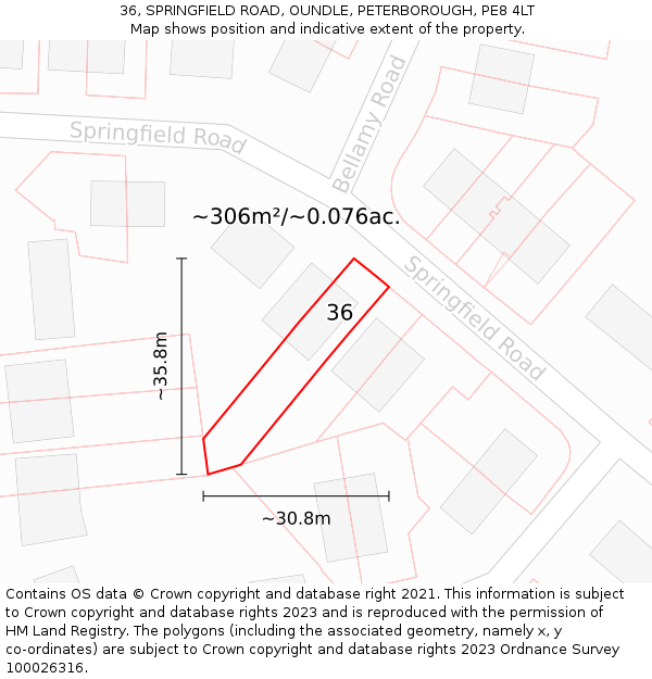 36, SPRINGFIELD ROAD, OUNDLE, PETERBOROUGH, PE8 4LT: Plot and title map