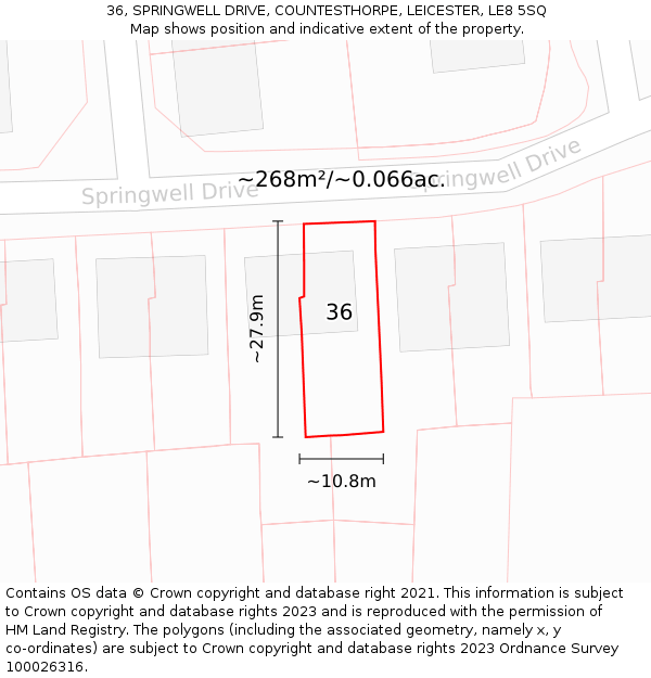 36, SPRINGWELL DRIVE, COUNTESTHORPE, LEICESTER, LE8 5SQ: Plot and title map