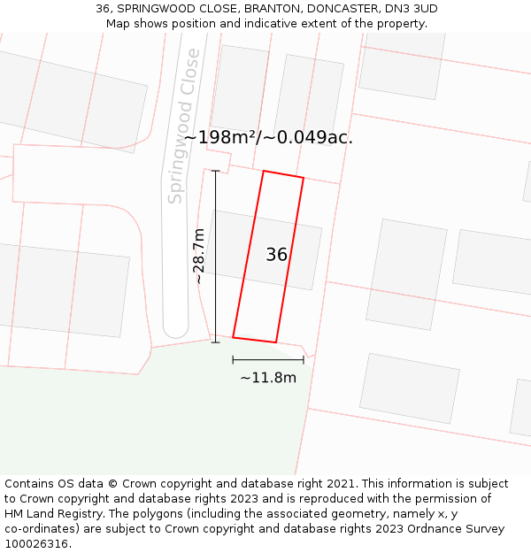 36, SPRINGWOOD CLOSE, BRANTON, DONCASTER, DN3 3UD: Plot and title map