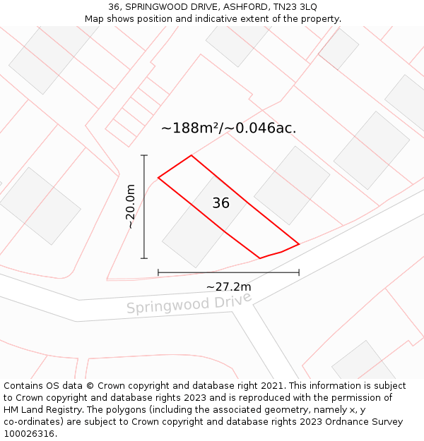 36, SPRINGWOOD DRIVE, ASHFORD, TN23 3LQ: Plot and title map