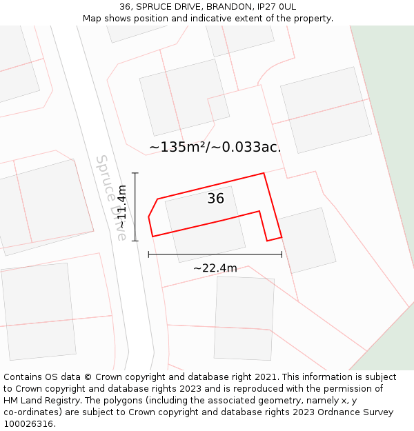 36, SPRUCE DRIVE, BRANDON, IP27 0UL: Plot and title map