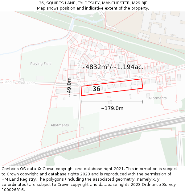 36, SQUIRES LANE, TYLDESLEY, MANCHESTER, M29 8JF: Plot and title map