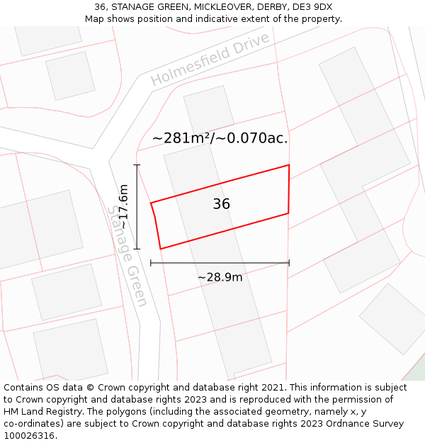 36, STANAGE GREEN, MICKLEOVER, DERBY, DE3 9DX: Plot and title map