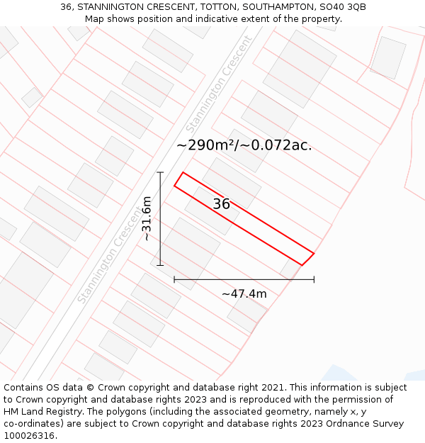 36, STANNINGTON CRESCENT, TOTTON, SOUTHAMPTON, SO40 3QB: Plot and title map