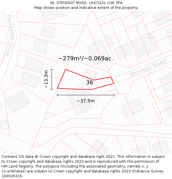 36, STENIGOT ROAD, LINCOLN, LN6 3PA: Plot and title map