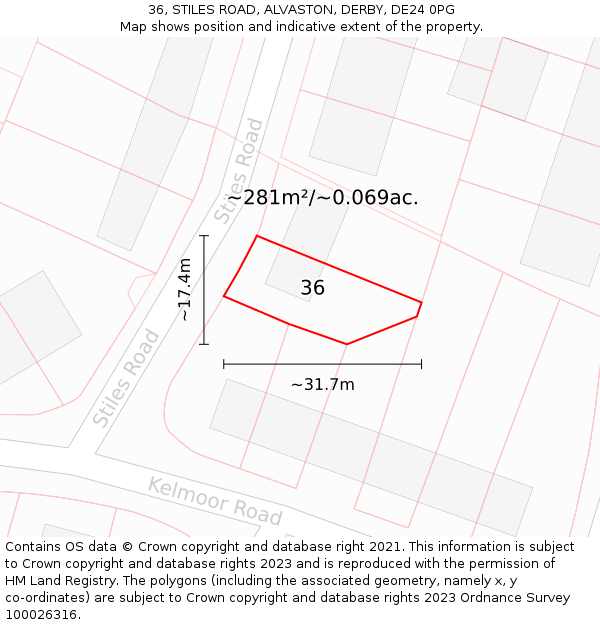 36, STILES ROAD, ALVASTON, DERBY, DE24 0PG: Plot and title map
