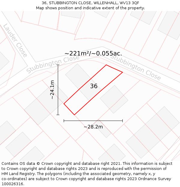 36, STUBBINGTON CLOSE, WILLENHALL, WV13 3QF: Plot and title map