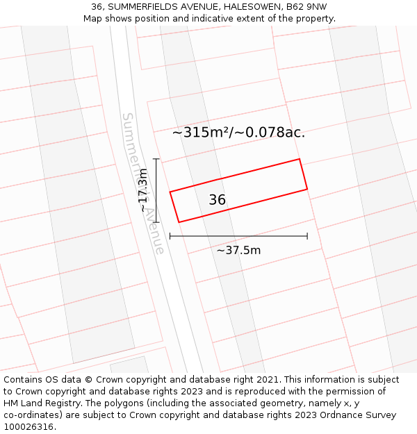 36, SUMMERFIELDS AVENUE, HALESOWEN, B62 9NW: Plot and title map