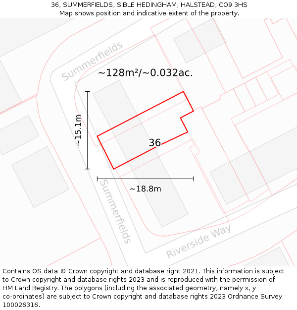 36, SUMMERFIELDS, SIBLE HEDINGHAM, HALSTEAD, CO9 3HS: Plot and title map