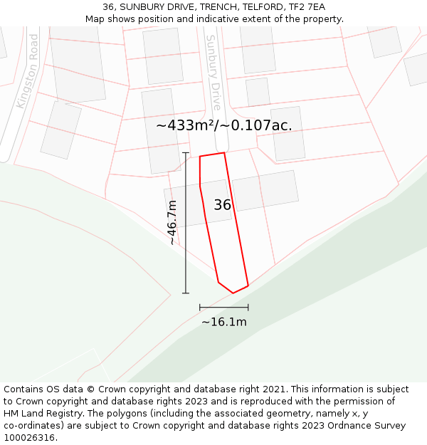 36, SUNBURY DRIVE, TRENCH, TELFORD, TF2 7EA: Plot and title map