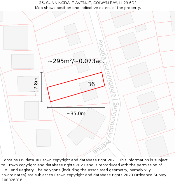 36, SUNNINGDALE AVENUE, COLWYN BAY, LL29 6DF: Plot and title map