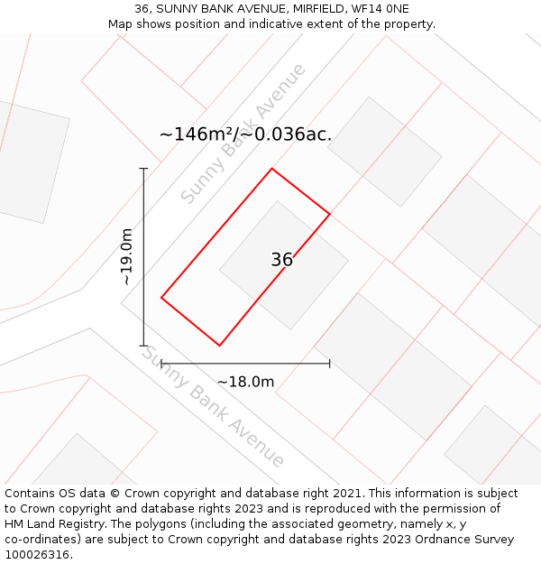 36, SUNNY BANK AVENUE, MIRFIELD, WF14 0NE: Plot and title map